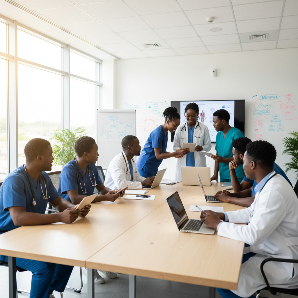 A group of Black healthcare staff (nurses and doctors) participating in a training session using tablets/laptops, bright modern room, engaged and potential, photorealistic