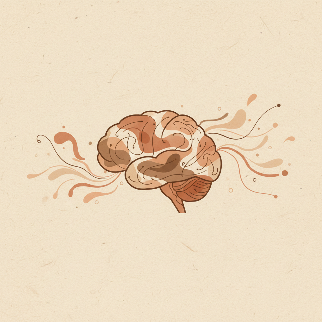 Abstract psychological concept, mental health, brain silhouette, warm brown and beige tones, textured paper background, academic style, minimal