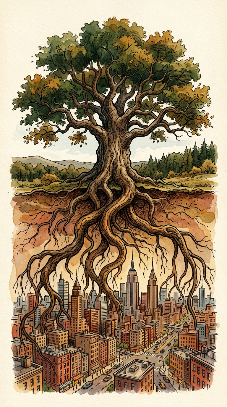 Painterly roots transforming into city