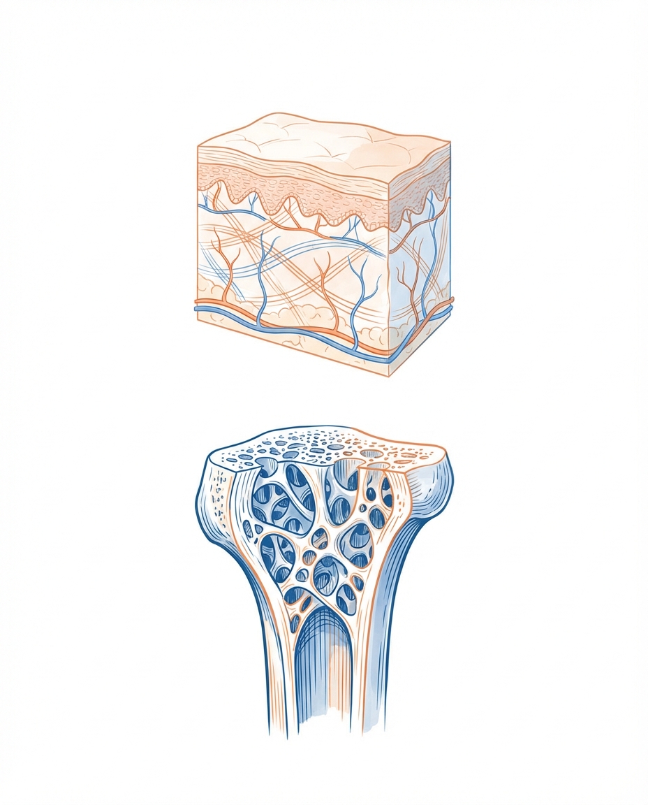 anatomical illustration of healthy skin structure and bone density, minimal medical style, orange and blue accents on white background