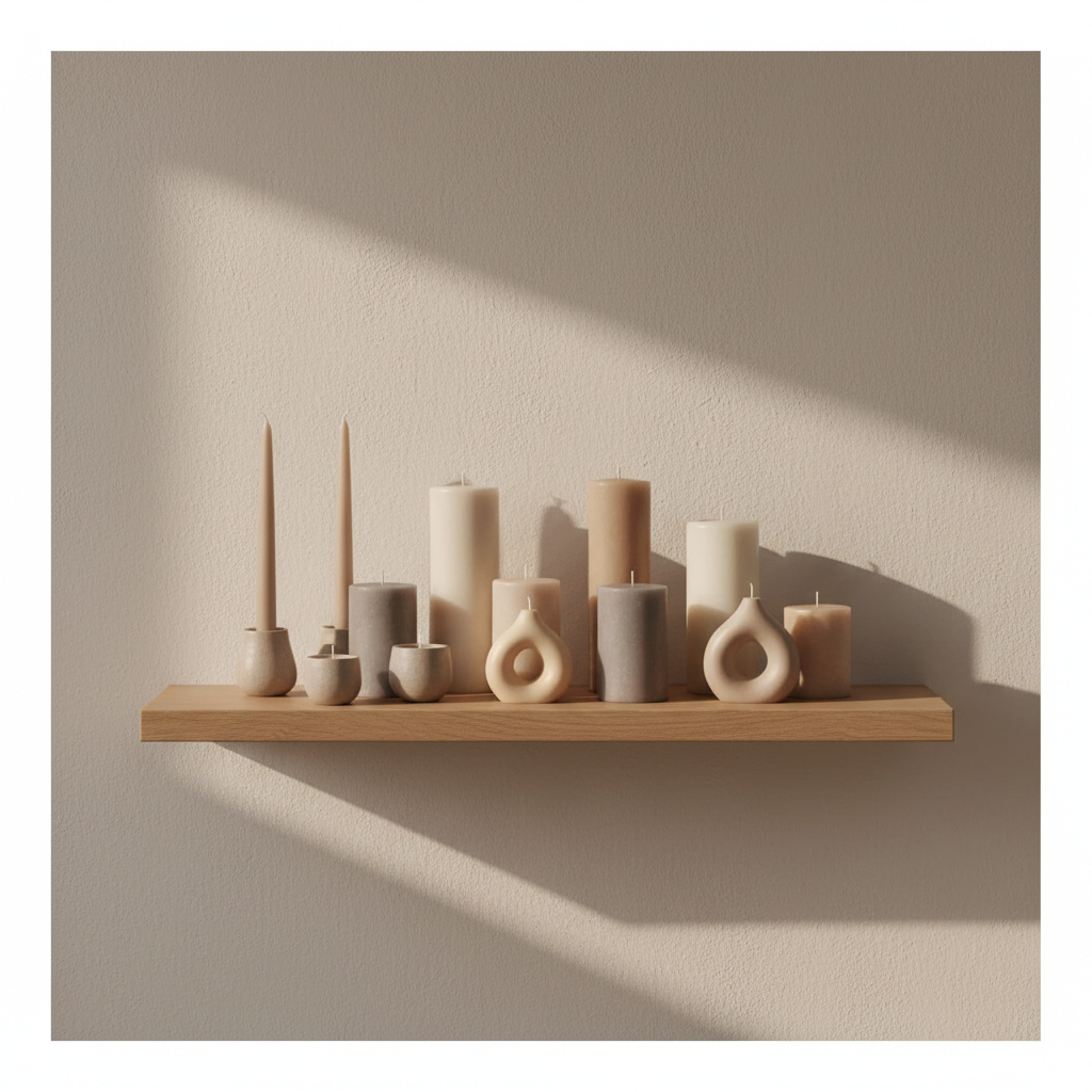 Cohesive collection of neutral colored candles on a minimalist shelf, varied sizes, warm lighting, elegant shadows