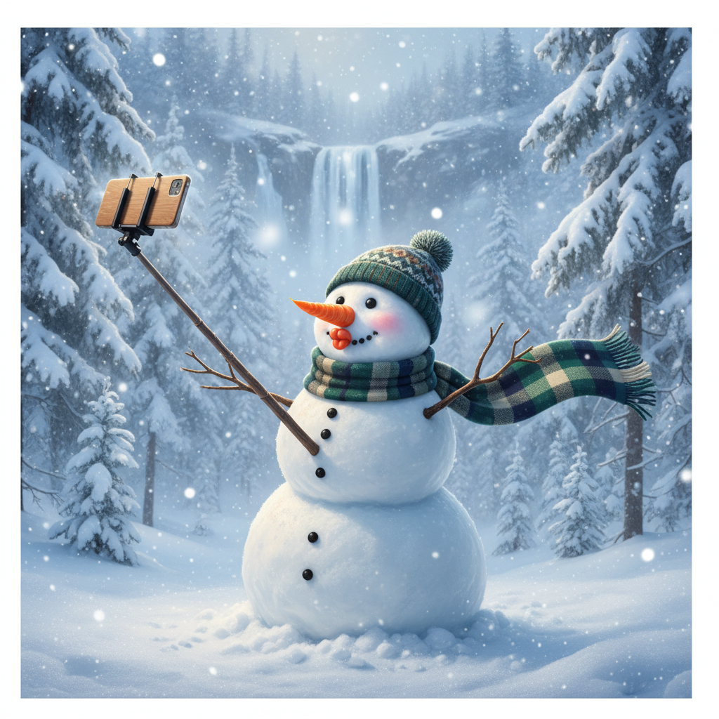 A snowman posing for a selfie with a stick selfie-stick, doing duck lips, wearing fashionable scarf, winter wonderland background, photorealistic humorous style
