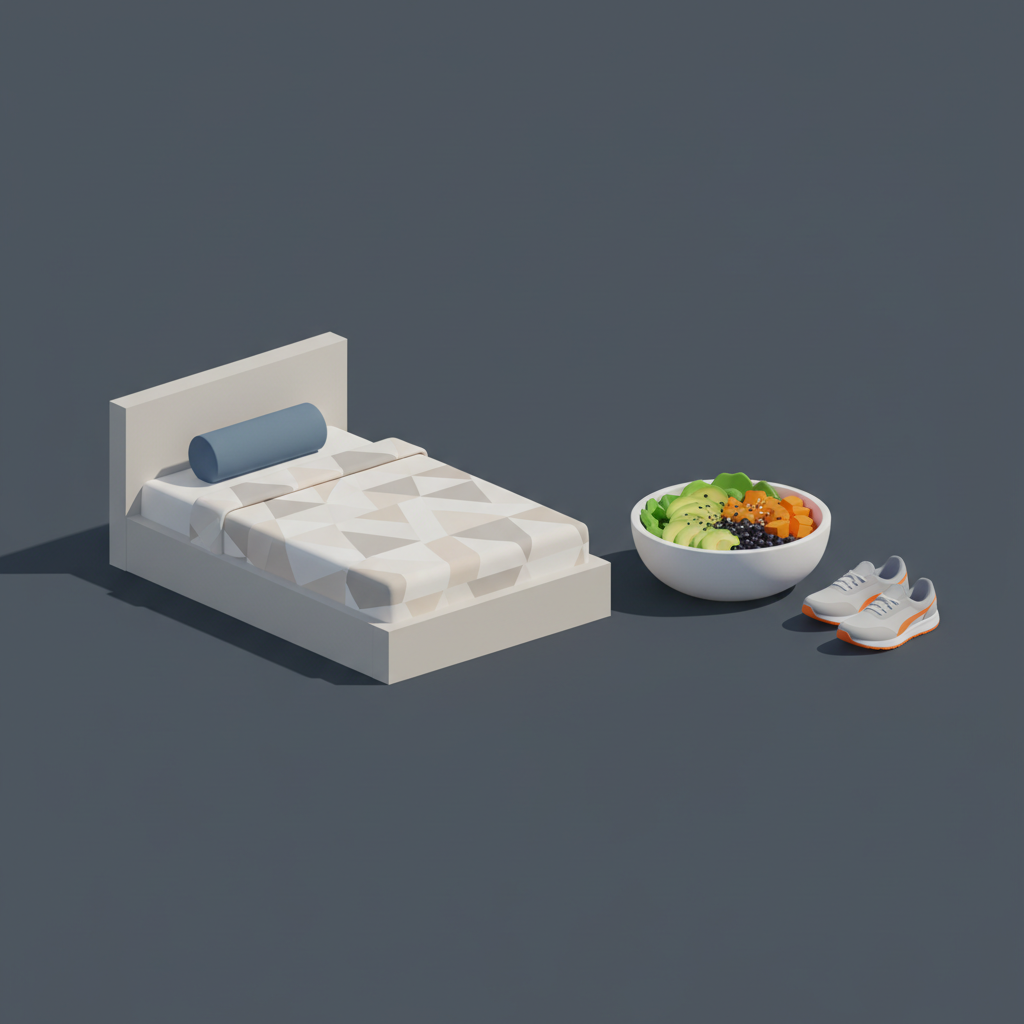 Minimalist composition of a bed, a healthy meal bowl, and running shoes, cohesive flat 3d style, dark background