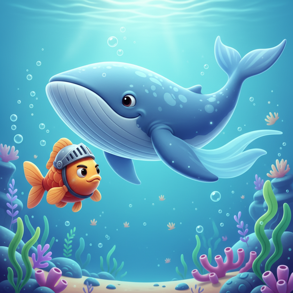A cute metaphorical illustration showing a small brave fish (representing retail traders) swimming near a friendly large blue whale (representing banks), underwater scene, stylized 3d art