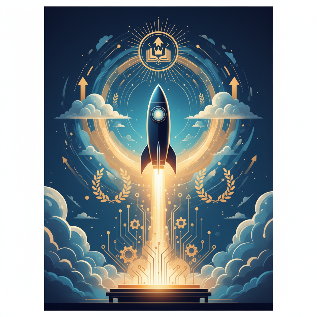 rocket launching successfully into the sky, symbolizing project success, digital art