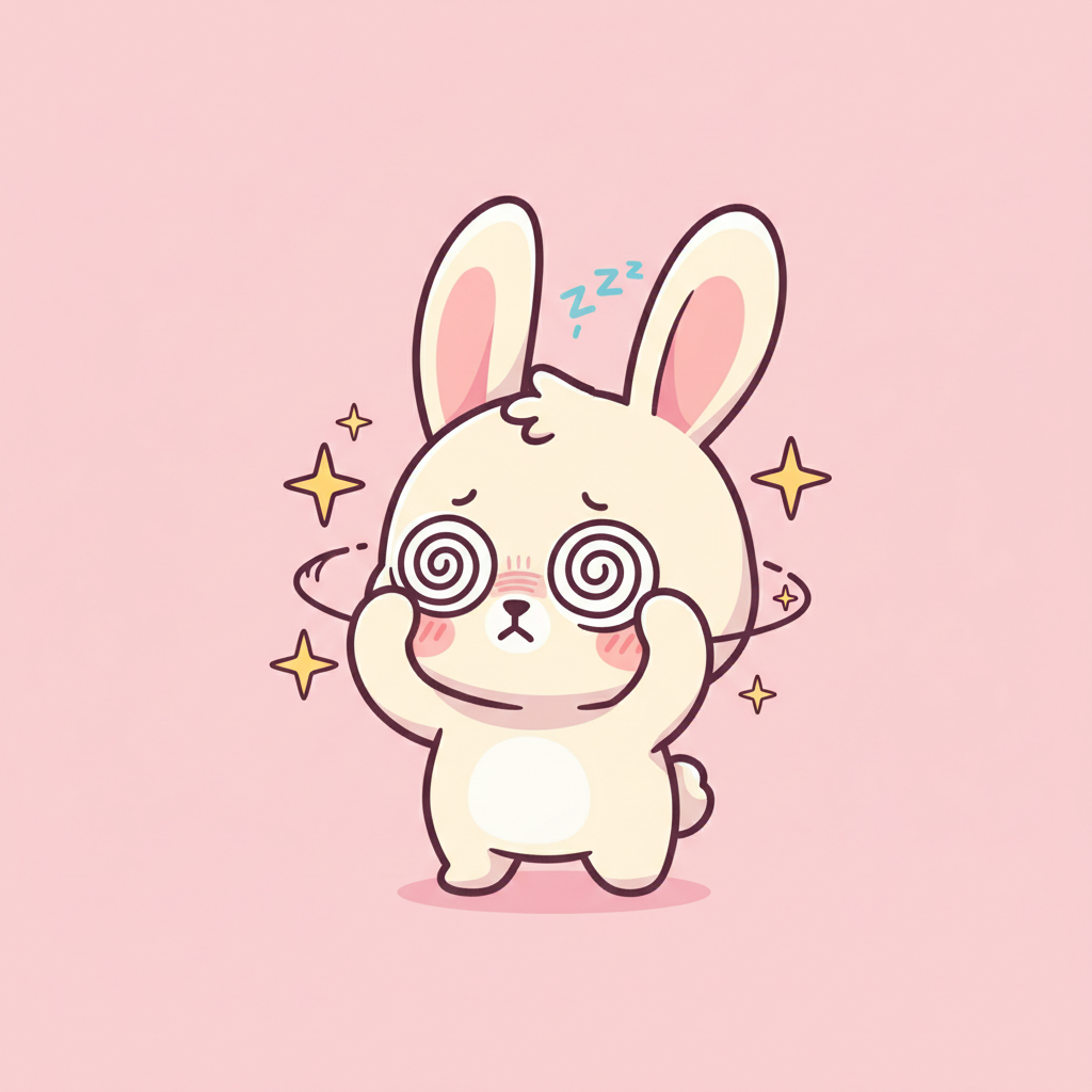 Cute cartoon bunny with dizzy spiral eyes and stars around head, rubbing eyes, looking dizzy, kawaii style icon, soft pink background