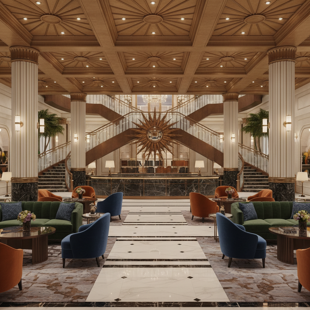 Luxury hotel lobby with marble floors and art deco elements, blurred background, elegant atmosphere