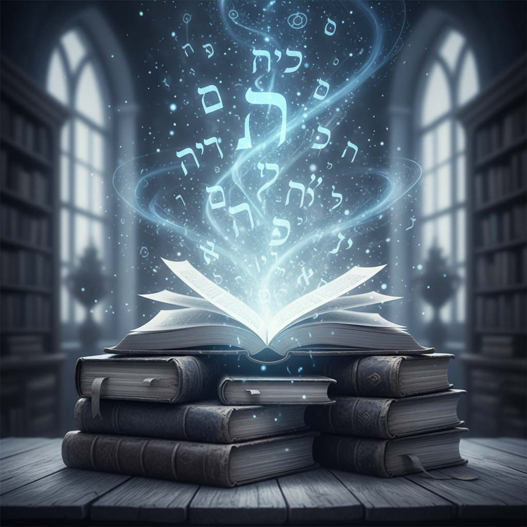 Old books, hebrew letters aleph bet floating, magical educational illustration, blue and white colors