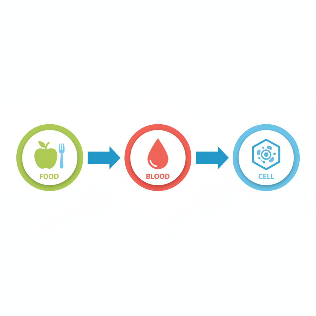 simple diagram showing flow: food icon arrow to blood drop arrow to cell, minimal infographic style, bright clean colors