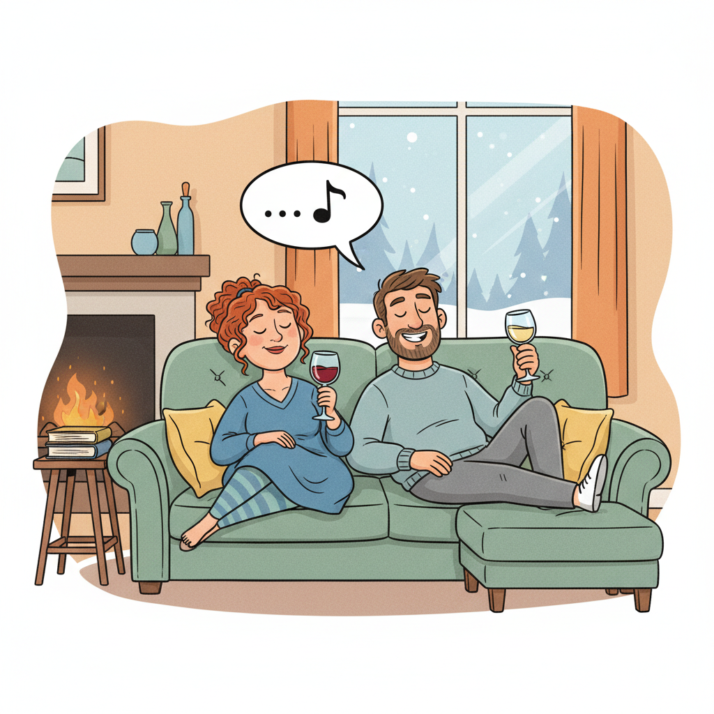 Parents relaxing on a sofa with wine and silence, happy, cartoon style