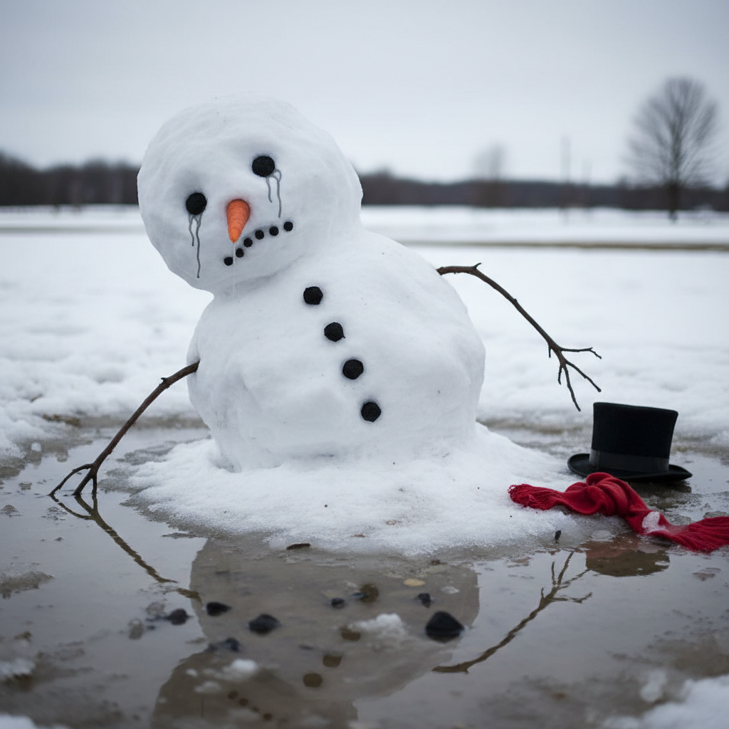A melting snowman looking very sad and slumping over, carrot nose drooping down, puddle forming, expressive face