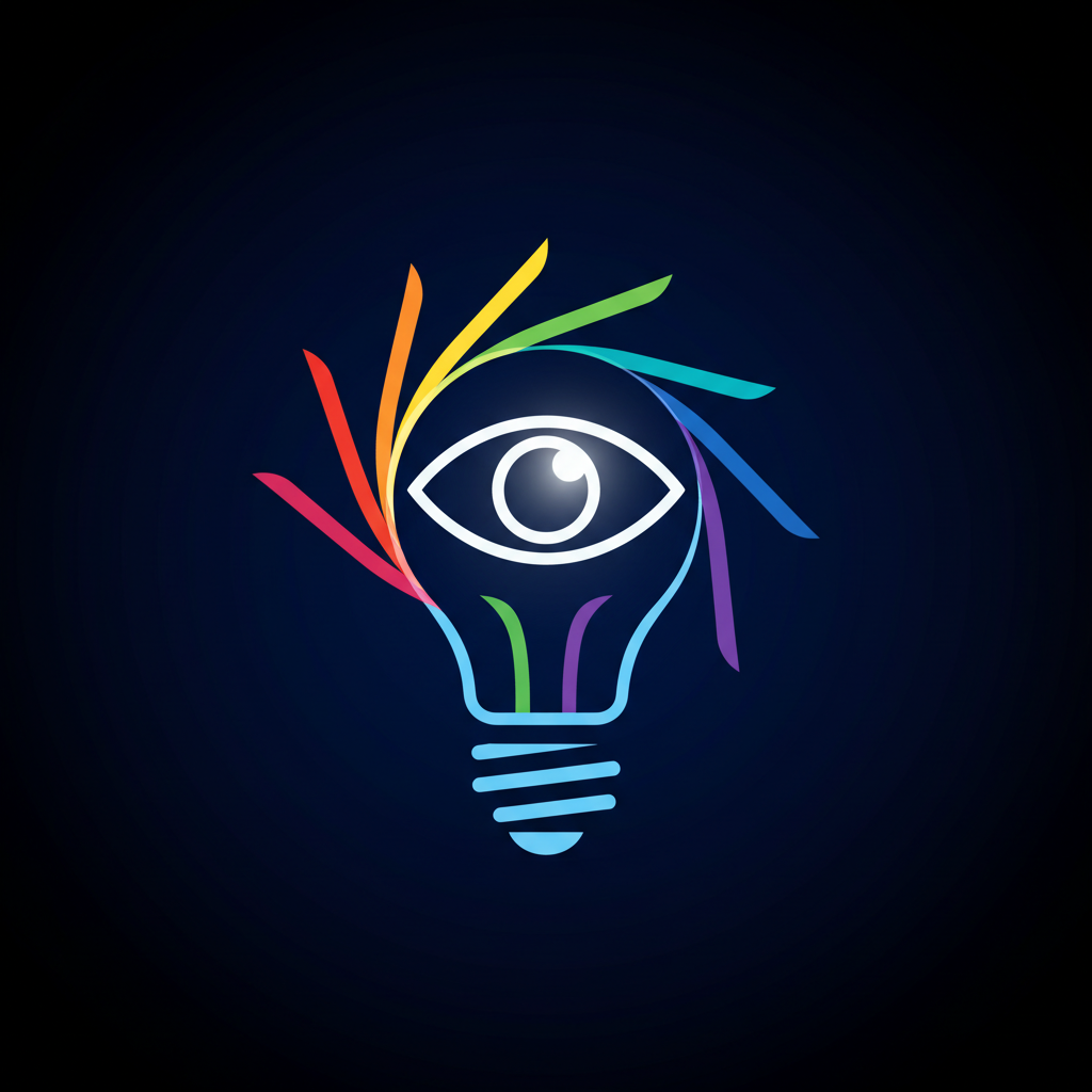 stylized vector art of a bright lightbulb emitting rainbow rays in dark blue void, eye icon, science and vision theme