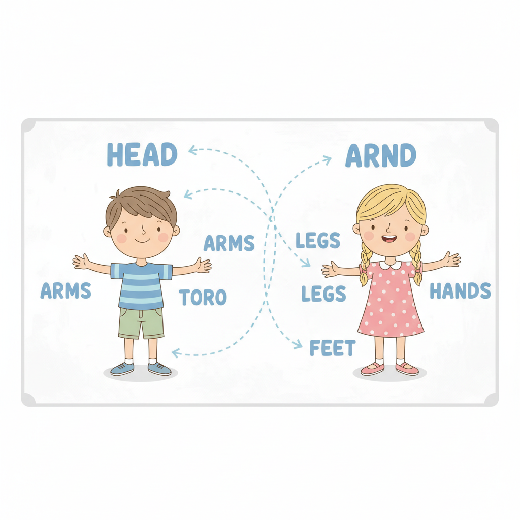 Cute chart showing a cartoon boy and girl, educational style, respectful, outlining similar body parts like head and hands, soft colors