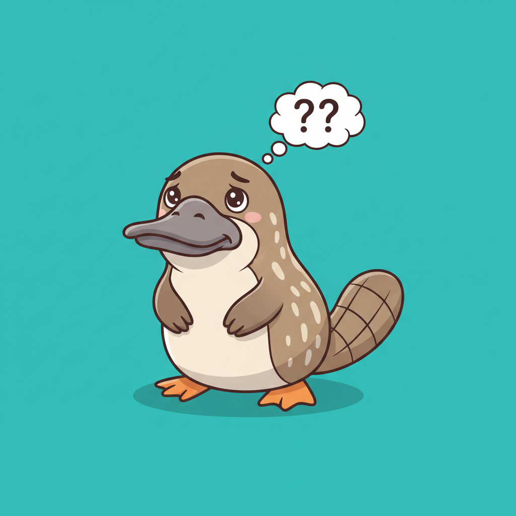 Cute cartoon platypus looking confused, vector art, bright teal background