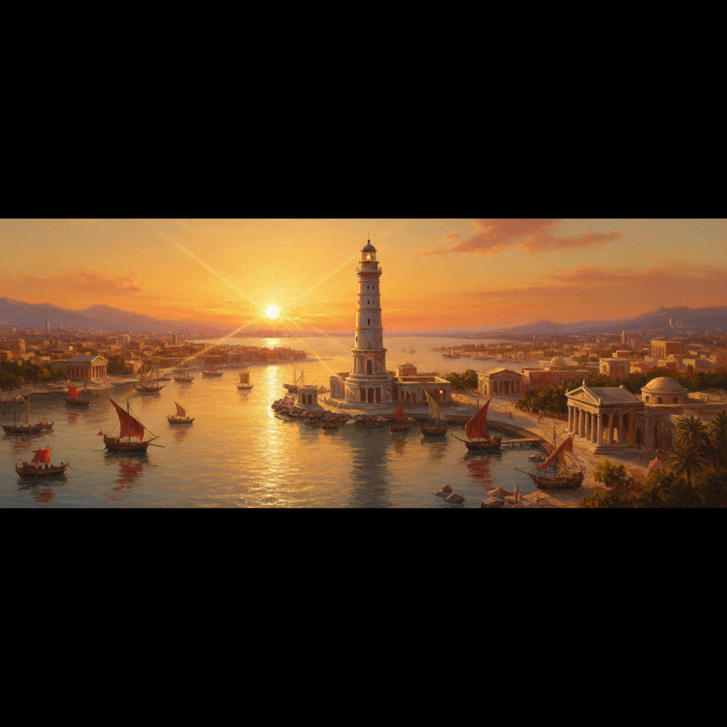 View of ancient Alexandria harbor with the Lighthouse of Alexandria, golden hour painting style