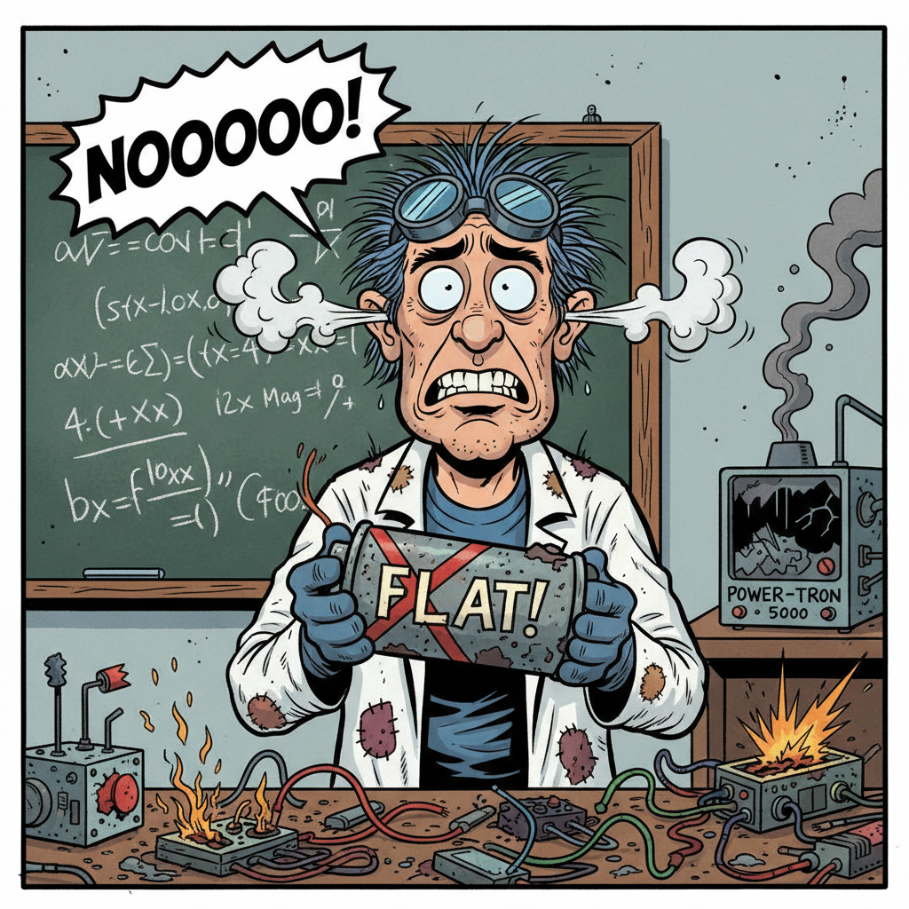 Cartoon scientist looking shocked at a dead battery, steam coming out ears, comic style, funny