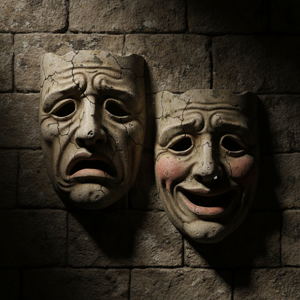 Tragedy and Comedy masks, ancient stone texture, dramatic lighting