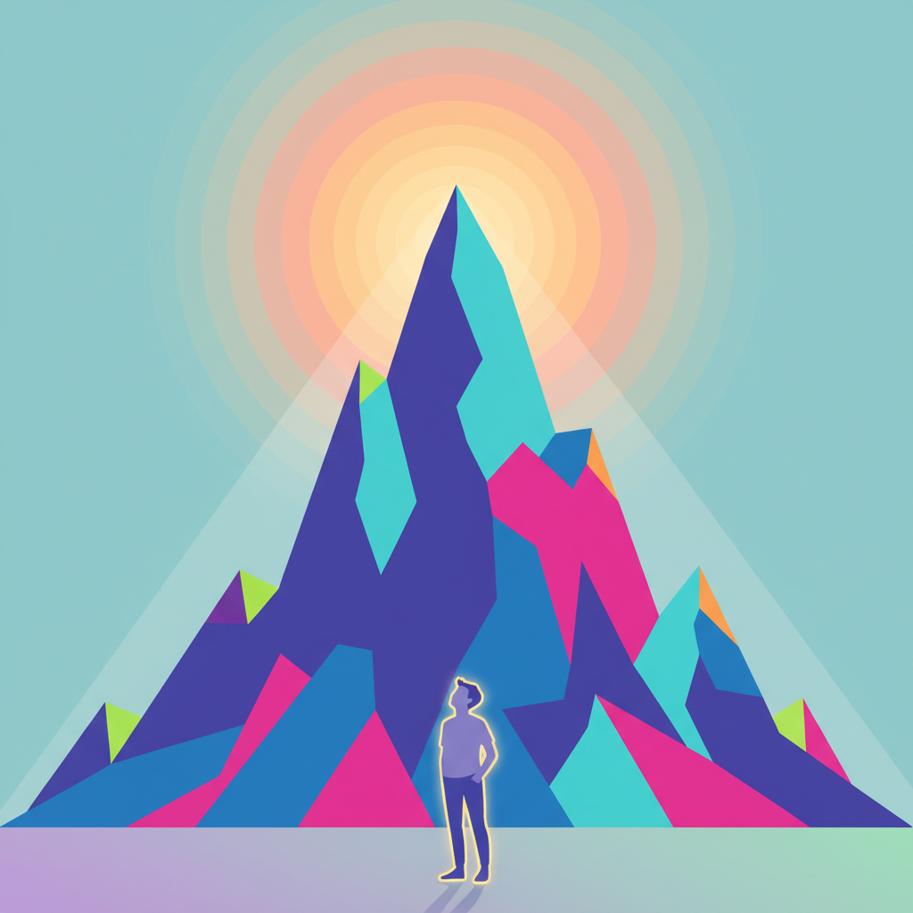 Minimalist digital art of a teenager standing at the bottom of a stylized mountain looking up, optimistic lighting, trendy vibrant colors