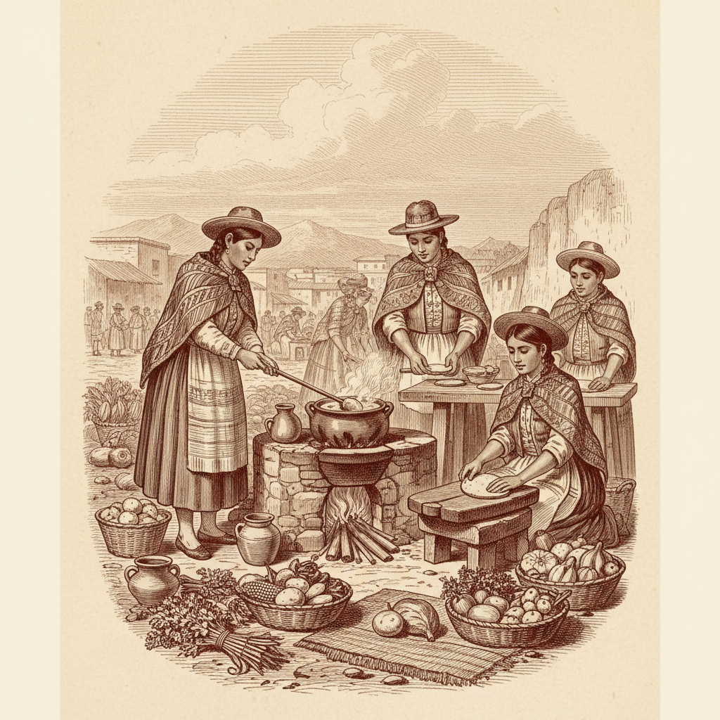 Vintage illustration style of Peruvian market women in the 19th century preparing food, soft sepia tones, historical artistic interpretation