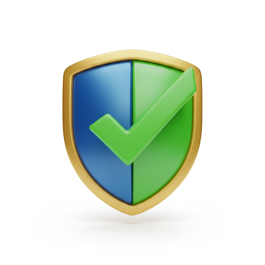 3D icon of a shield with a checkmark, green and blue, symbolizing security and warranty, white background