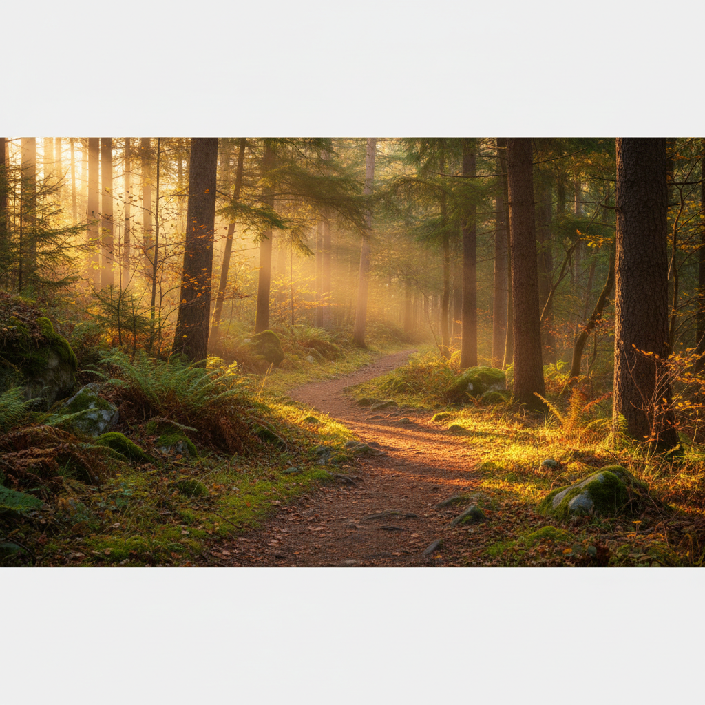 A warm, golden-hour view of a hiking trail winding through a gentle forest, soft sunlight filtering through trees, inviting and calm, nature photography style