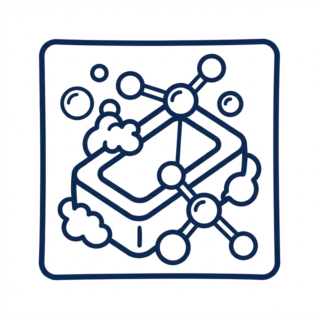 Simple line drawing of a soap bar with bubbles and a chemical molecule overlay. Dark blue graffiti outline style on white background. Clean and simple.