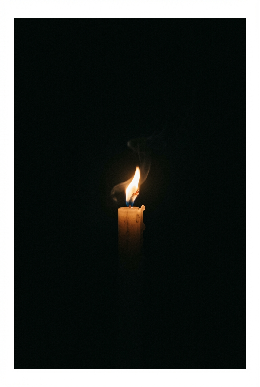 A solitary candle flame flickering in the dark, symbolizing fragility and truth, cinematic lighting