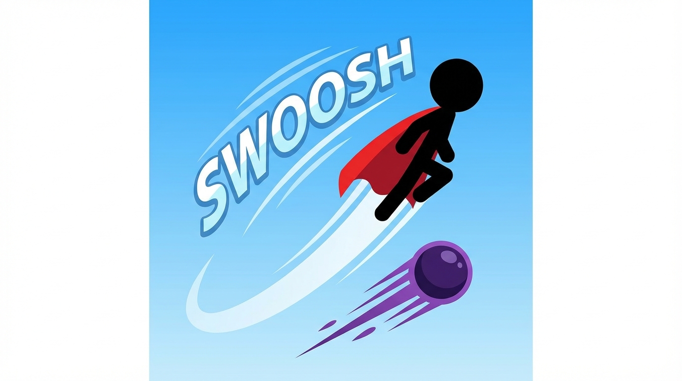 Hero stickman with red cape swiftly dodging upwards to avoid the purple projectile. 'SWOOSH' motion lines. Blue sky background.