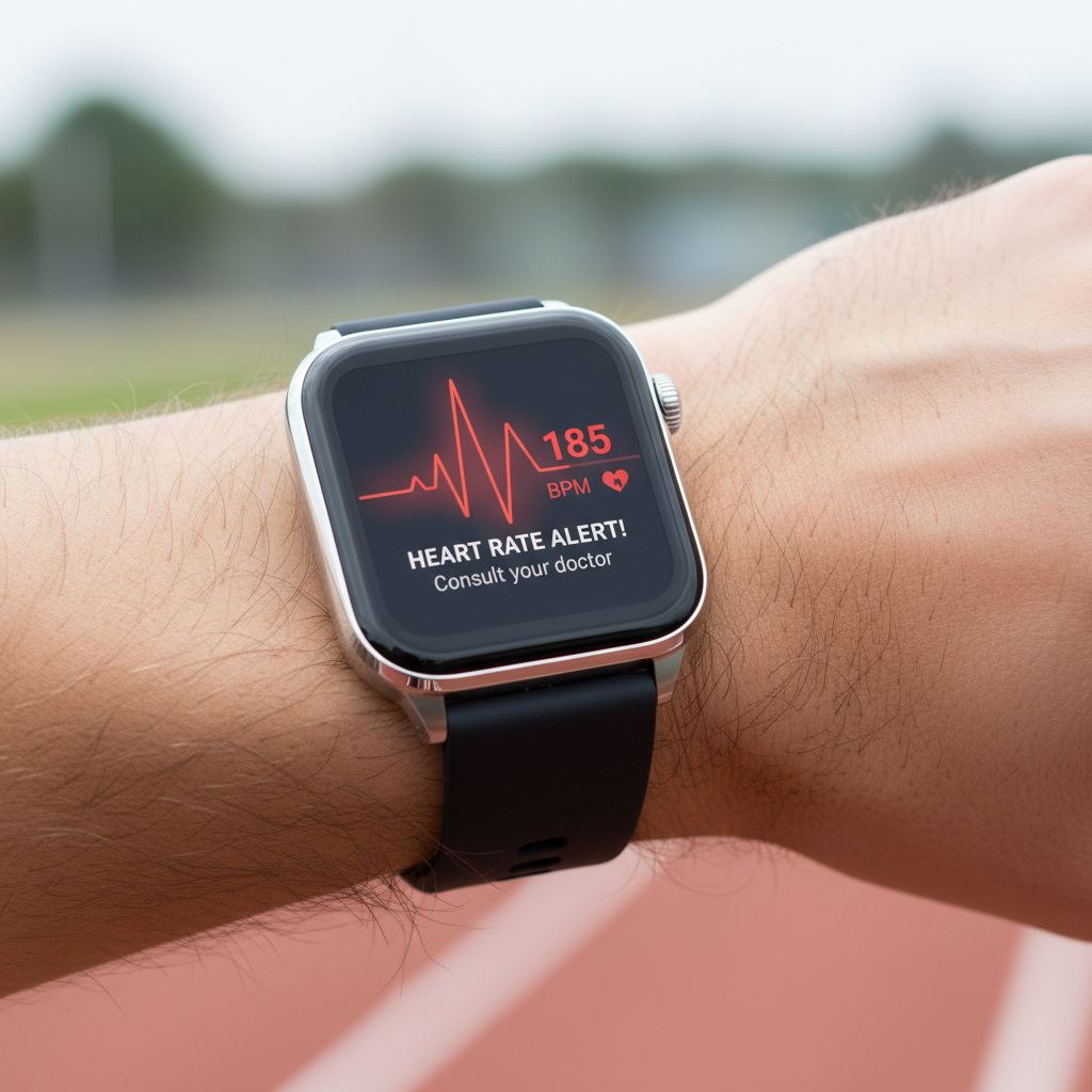Close up of a smart watch on a wrist showing a heart rate graph alert, realistic style