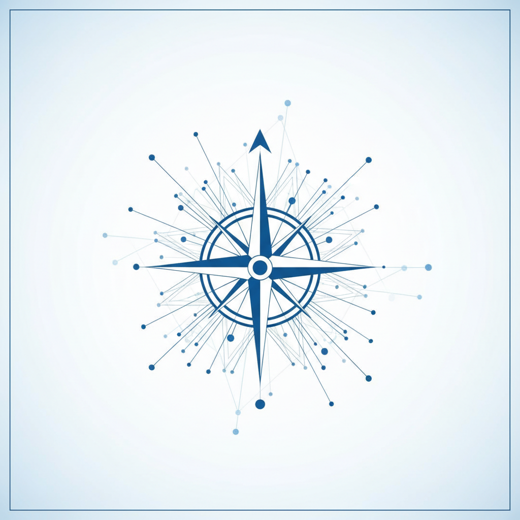 abstract minimalist illustration of a compass pointing forward mixed with digital connectivity nodes, corporate blue and clean white style representing direction and future