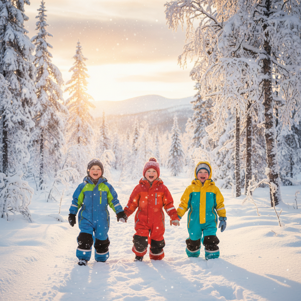 small children in colorful snowsuits holding hands walking in a snowy norwegian forest, golden hour sun, happy faces