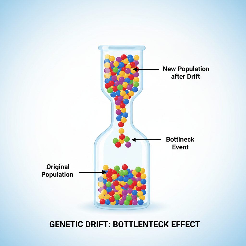 illustration of genetic drift bottleneck effect, bottle shape filled with colored balls representing genes