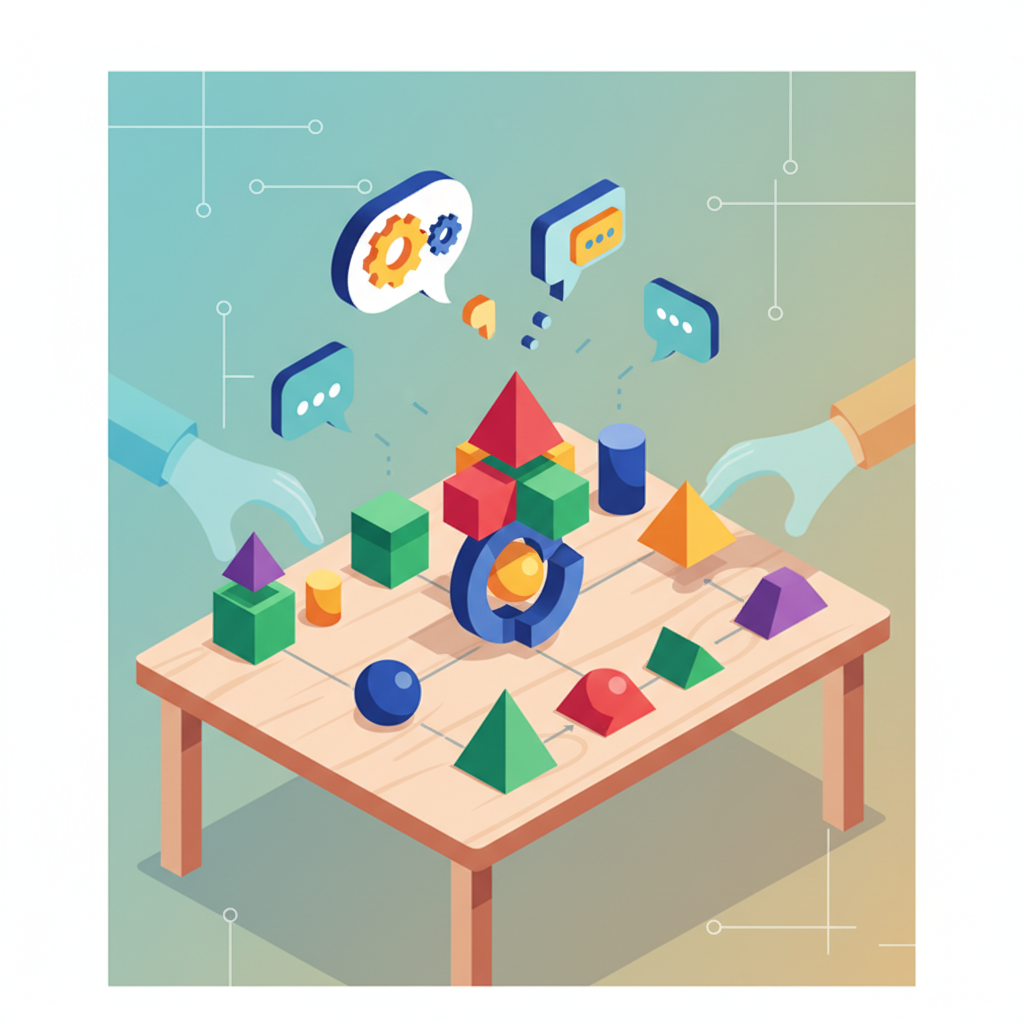 Isometric illustration of different geometric shapes fitting together on a table, symbolizing strategy and negotiation, bright colors