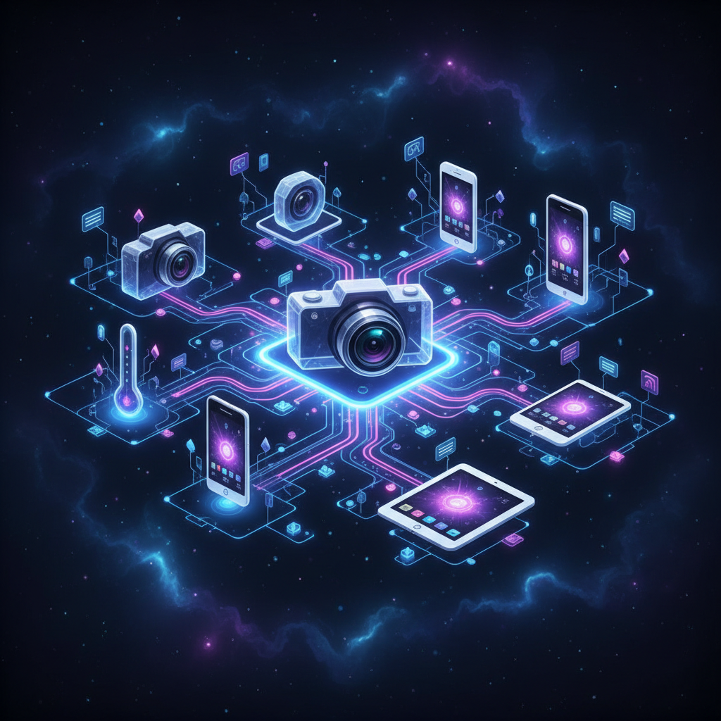 abstract web of connected devices like cameras, thermostats, and phones forming a network, glowing lines connecting them, blue and purple lighting