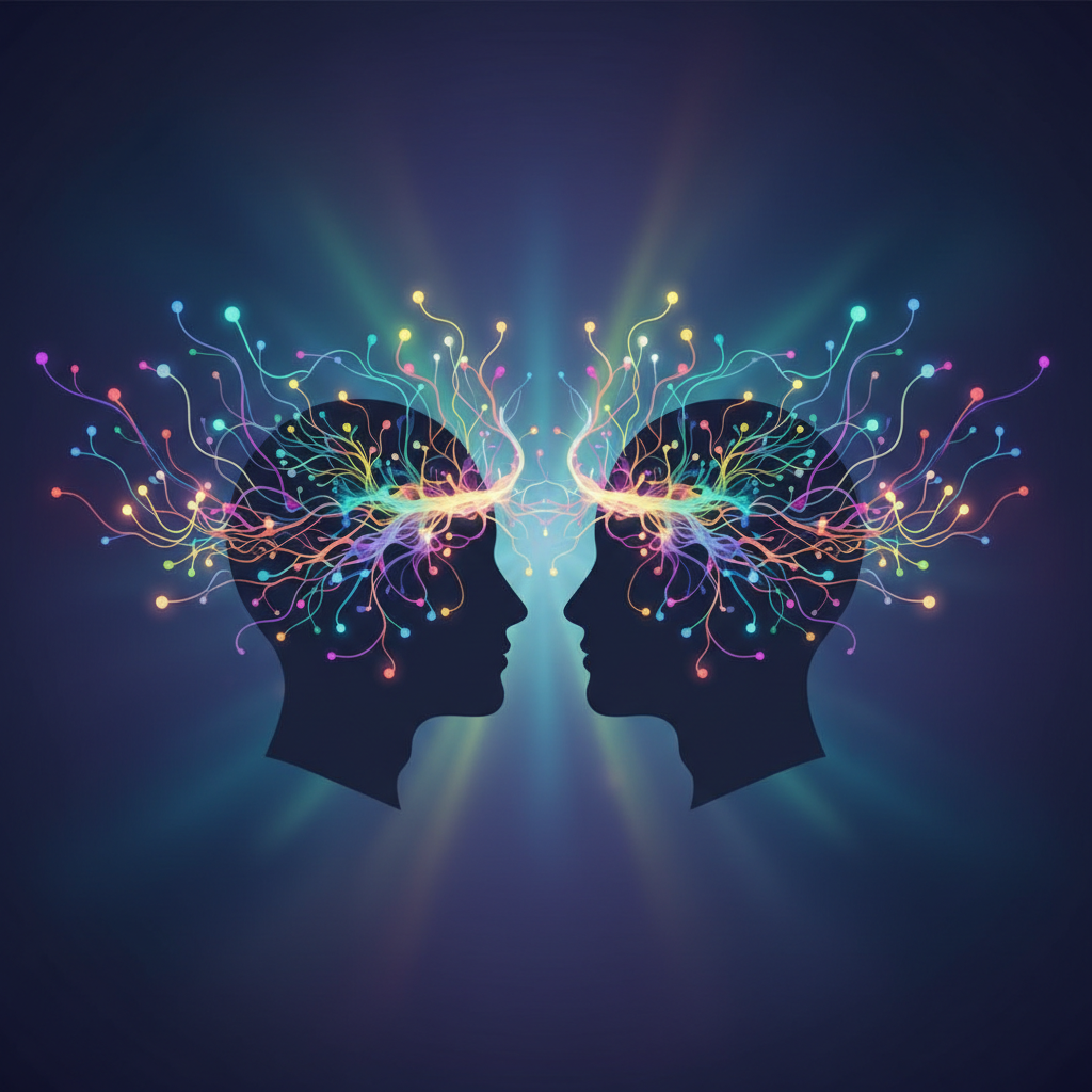 Two silhouettes of heads facing each other with colorful neural networks connecting them, symbolizing shared understanding and empathy