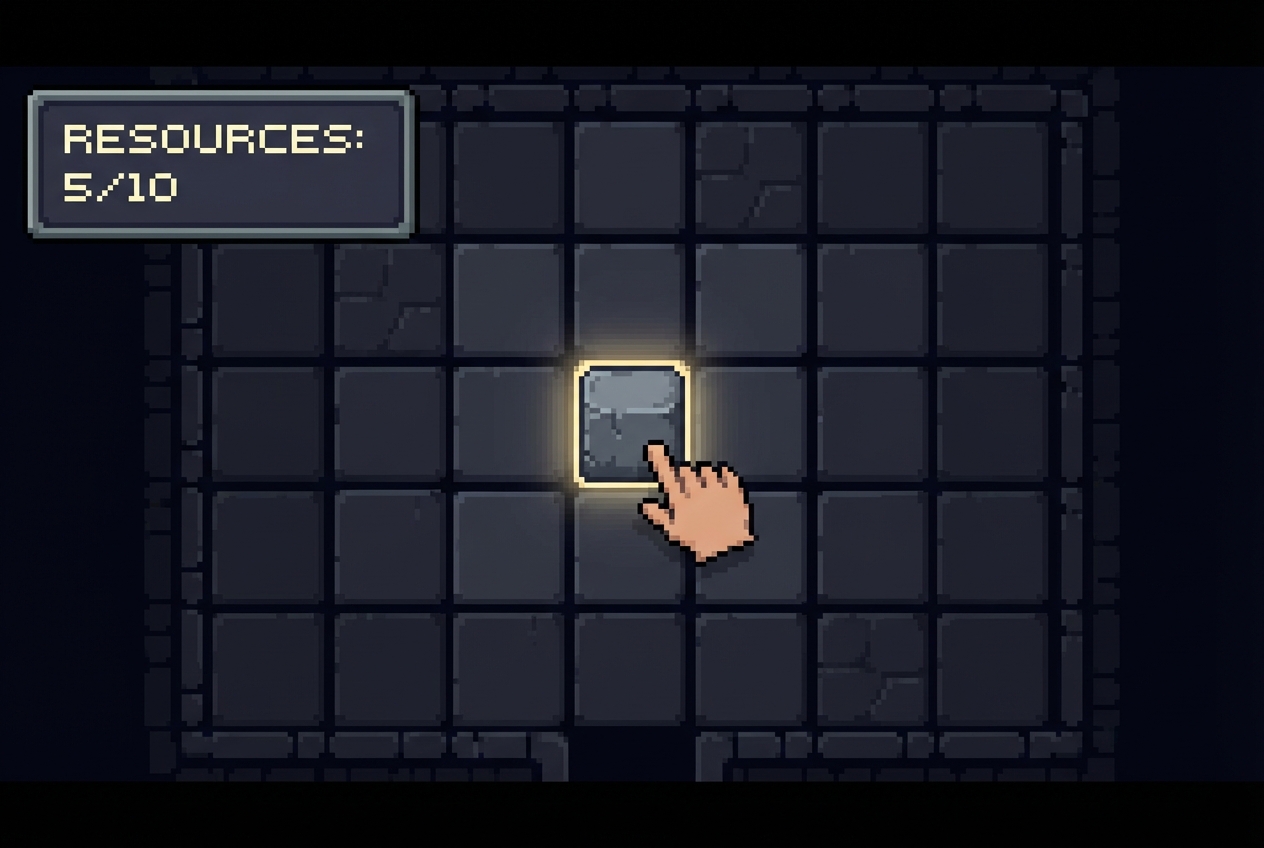 Pixel art close up of a cursor placing a stone block into a grid slot, UI overlay showing 'Resources: 5/10', dark game interface