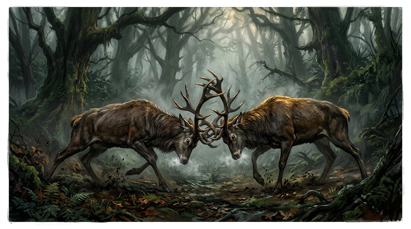 Stags locking antlers