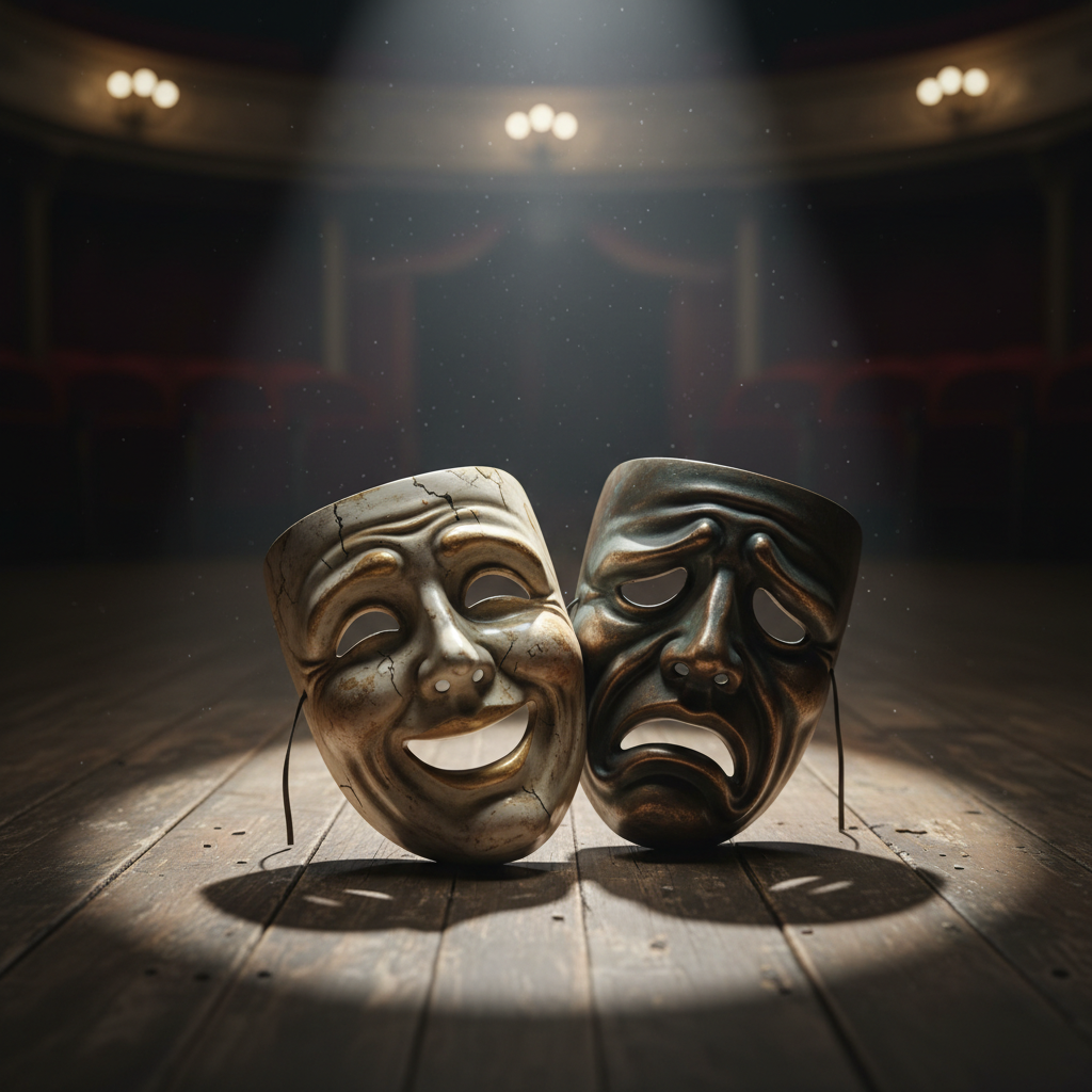 Comedy and Tragedy theatre masks resting on a wooden stage floor, spotlight, photorealistic