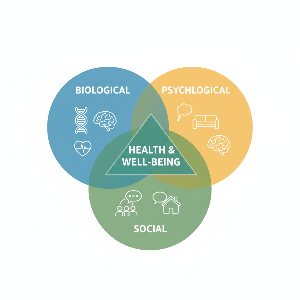 flat vector illustration showing a Venn diagram concept of biological, psychological, and social health factors intersecting, medical clean style