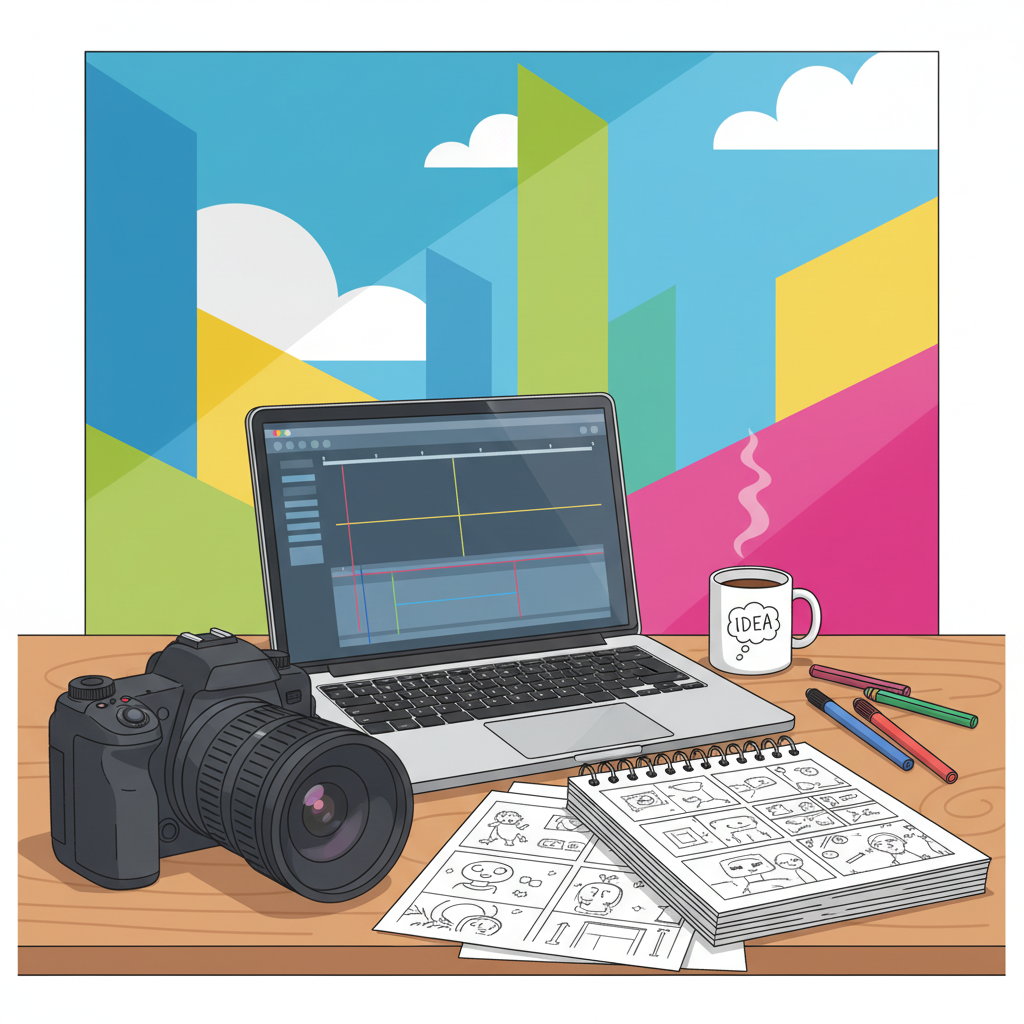 Creative workspace with camera, storyboard sketches, and laptop, bright cartoon style background