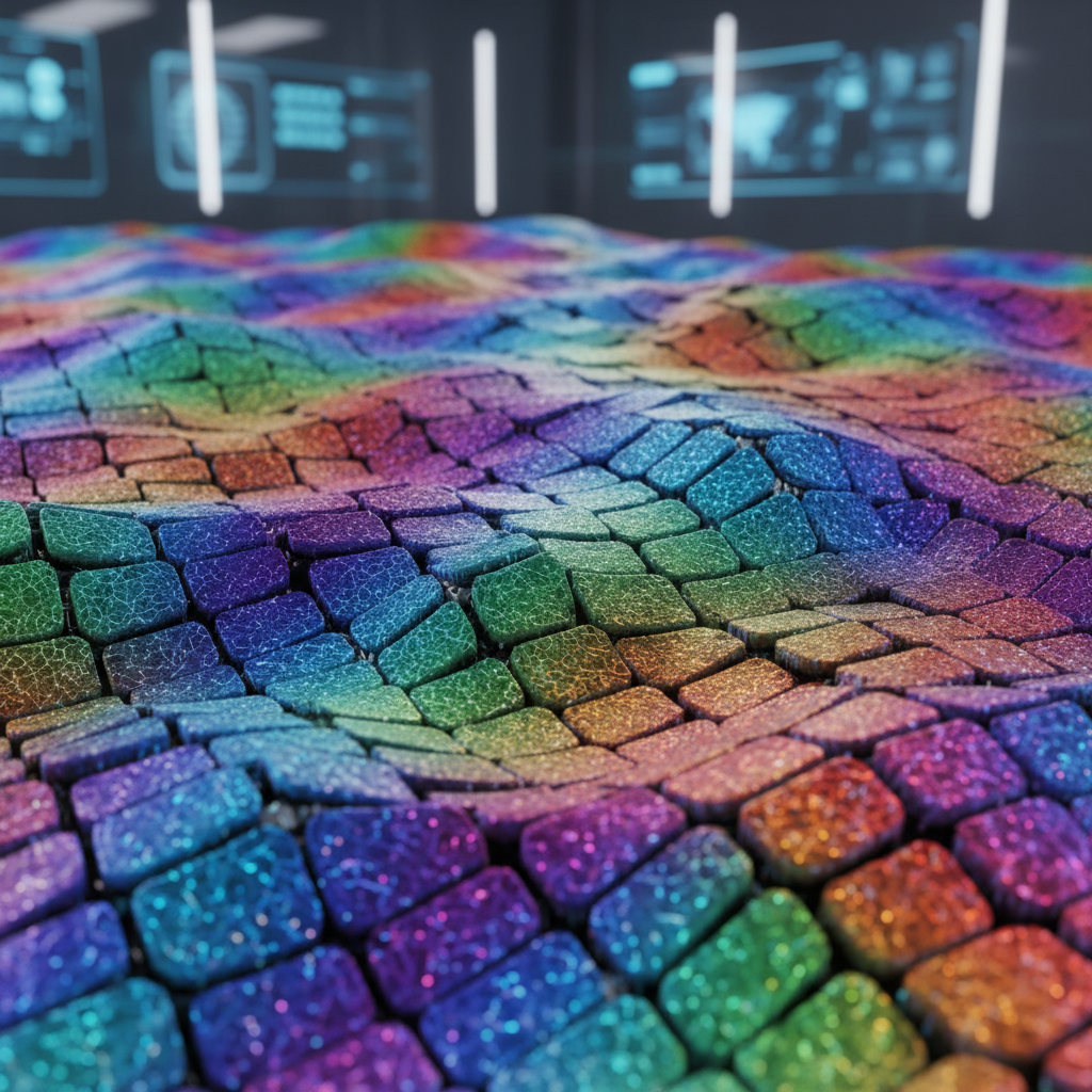 Futuristic biomimetic material concept: A surface consisting of robotic nanomaterial scales changing colors, mimicking a chameleon texture. Sci-fi engineering aesthetic, clean lighting, high detail.