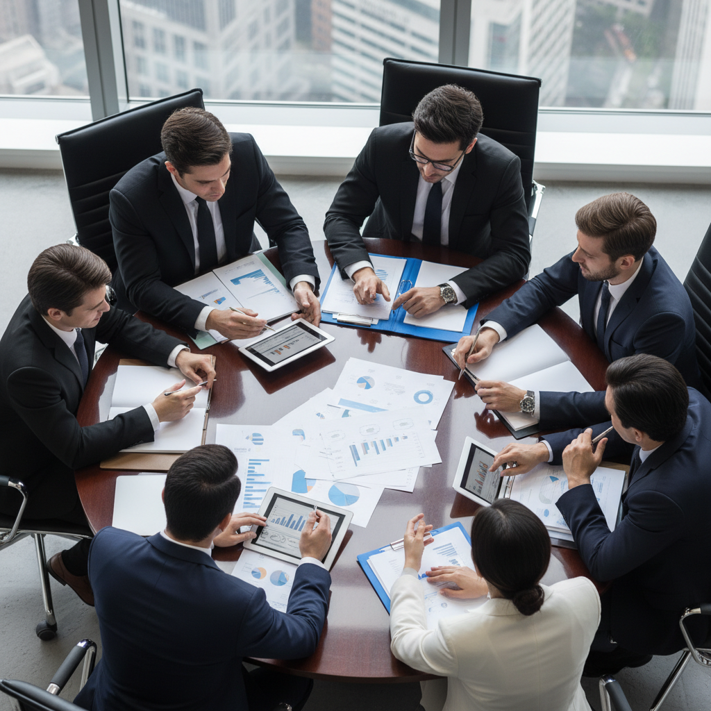 people sitting around a round table discussing documents, overhead view, corporate collaboration concept
