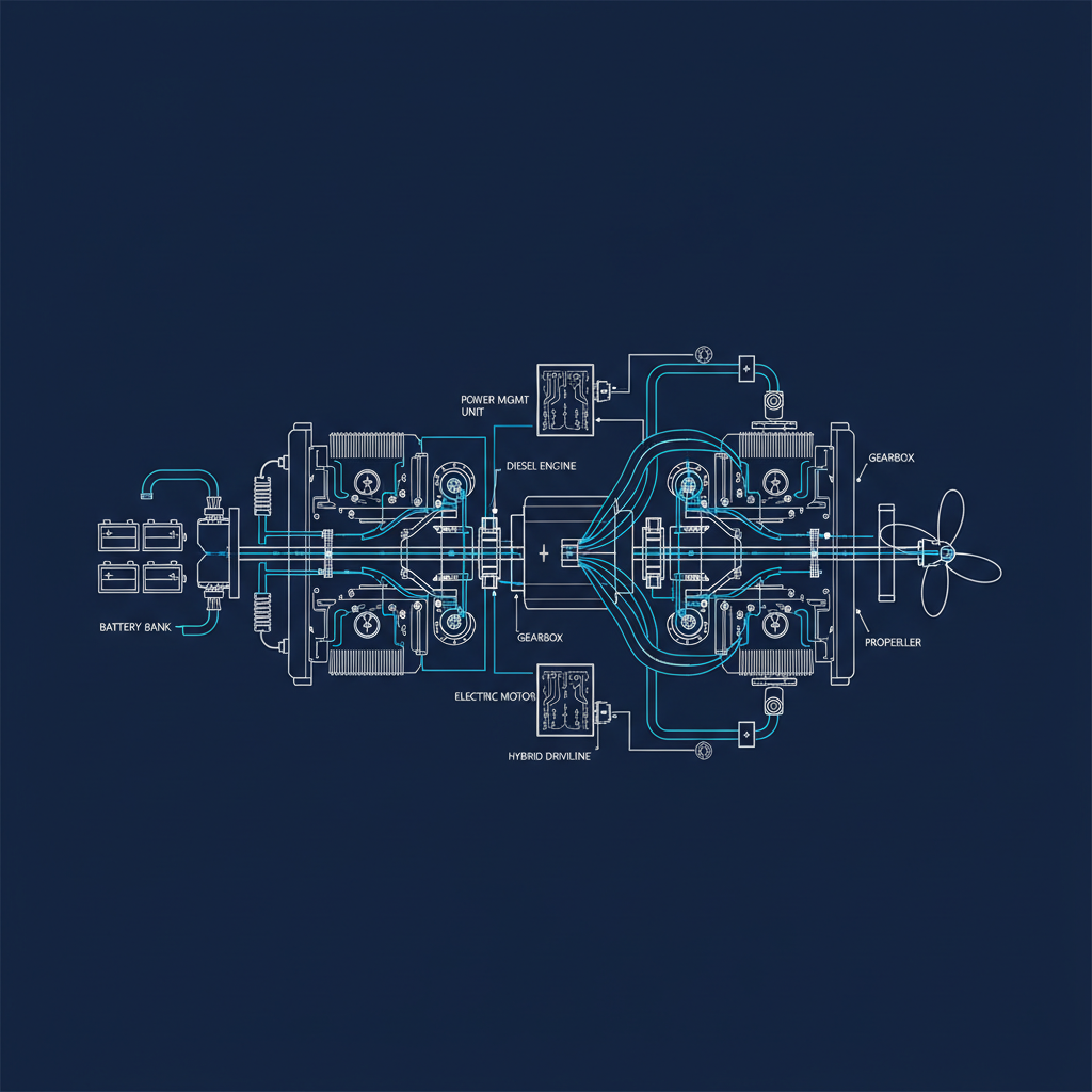 Abstract engineering schematic of a hybrid marine propulsion system, blue print style, high tech, clean lines, navy blue background