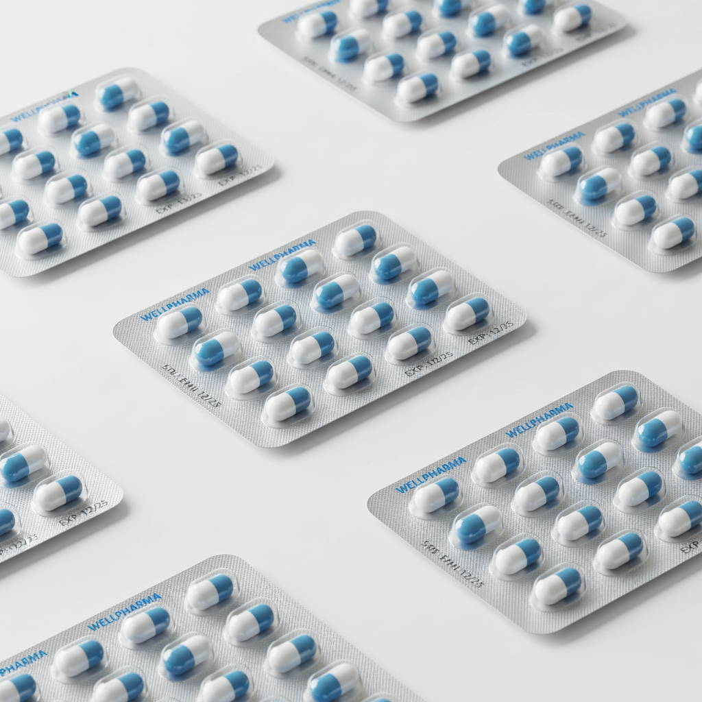 Pharmaceutical packaging layout, medical pills blister pack, clean clinical background, high quality photography