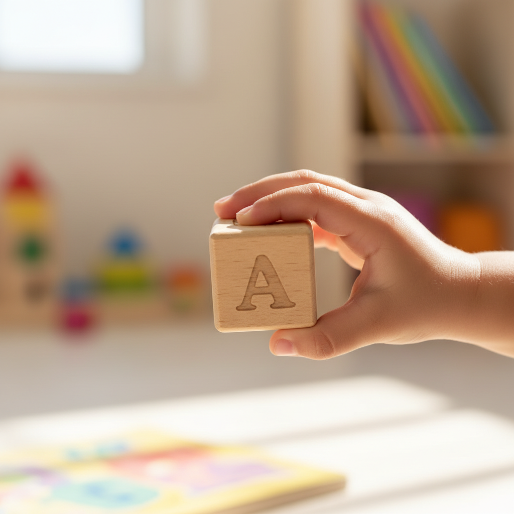Close up photo of a small diverse child's hand holding a wooden toy block, soft natural light, depth of field, high quality education photography