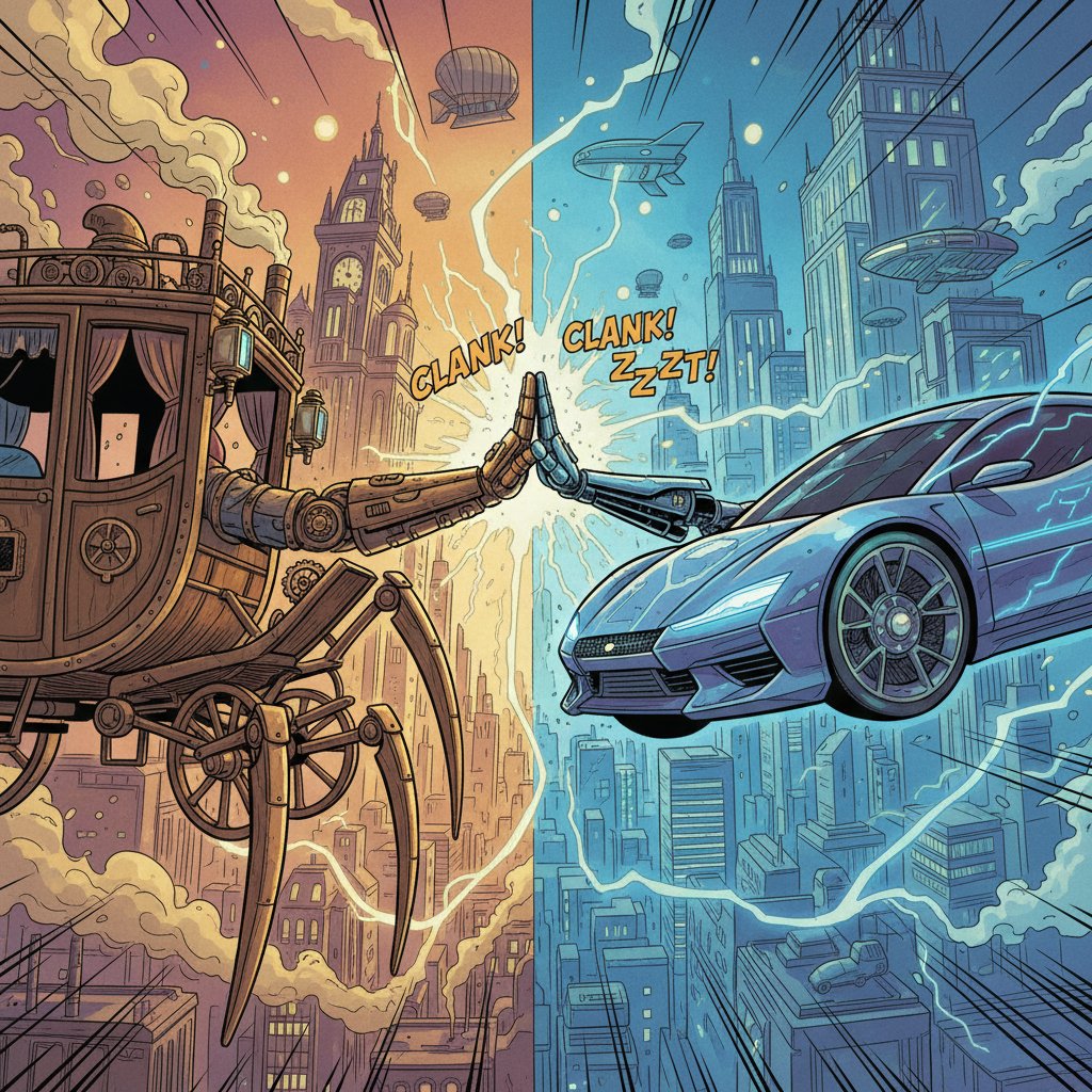 Steampunk Victorian carriage high-fiving a sleek futuristic neon electric car, comic book illustration, vibrant colors