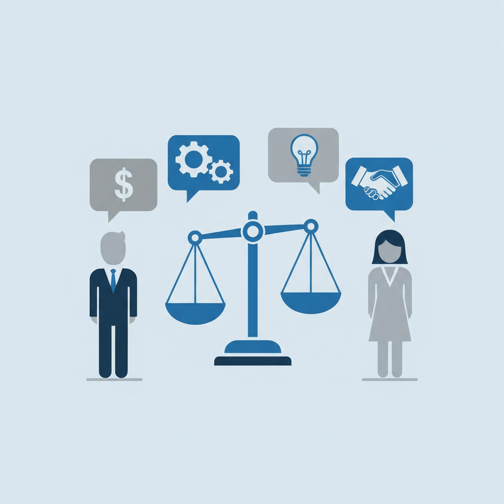 minimalist flat illustration of social exchange theory, people exchanging speech bubbles, business context, blue and grey palette