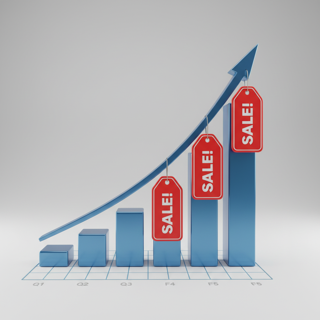 3D render of a business bar chart rising sharply, with red sale tags attached to the tallest bars. Clean grey background, neutral business style.