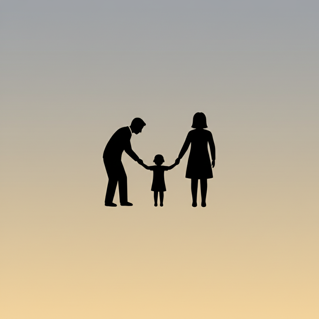 Silhouette of a child standing between two adults, symbolizing mediation, minimalist style