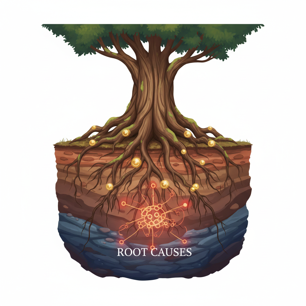 Illustration of tree roots growing deep into the earth, symbolizing grounding and root causes, natural colors